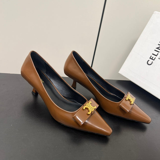 TRIOMPHE POINTED-TOE HIGH PUMPS IN BROWN SHINY CALFSKIN