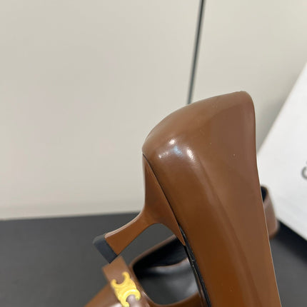 TRIOMPHE POINTED-TOE HIGH PUMPS IN BROWN SHINY CALFSKIN