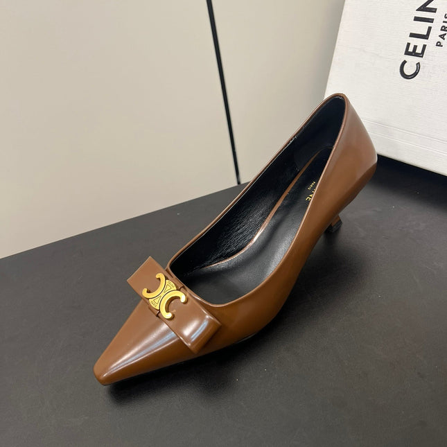 TRIOMPHE POINTED-TOE HIGH PUMPS IN BROWN SHINY CALFSKIN