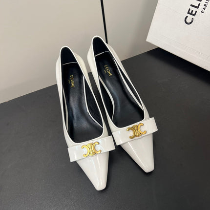 TRIOMPHE POINTED-TOE HIGH PUMPS IN WHITE SHINY CALFSKIN