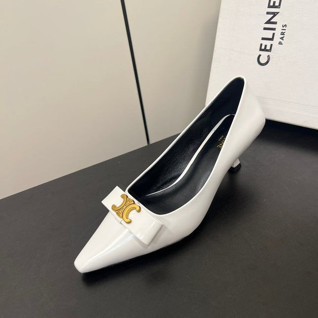 TRIOMPHE POINTED-TOE HIGH PUMPS IN WHITE SHINY CALFSKIN
