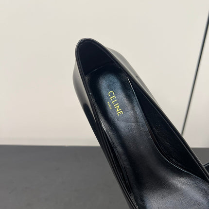 TRIOMPHE POINTED-TOE HIGH PUMPS IN BLACK SHINY CALFSKIN