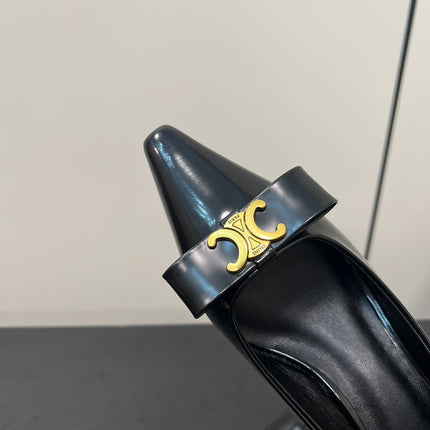 TRIOMPHE POINTED-TOE HIGH PUMPS IN BLACK SHINY CALFSKIN