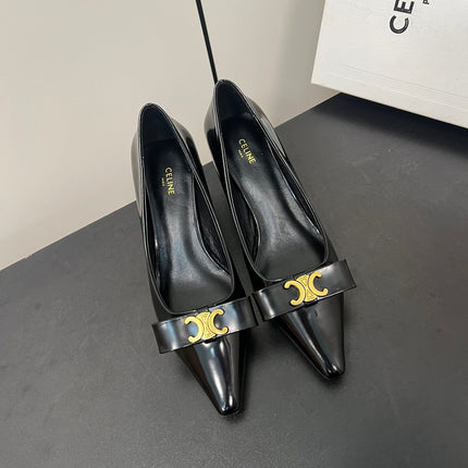 TRIOMPHE POINTED-TOE HIGH PUMPS IN BLACK SHINY CALFSKIN