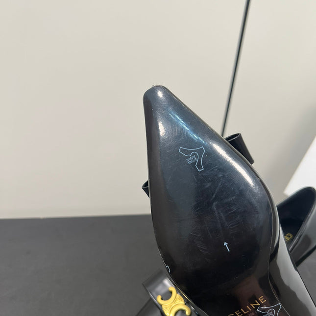 TRIOMPHE POINTED-TOE HIGH PUMPS IN BLACK SHINY CALFSKIN