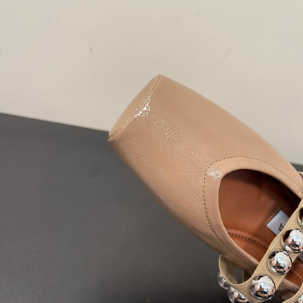 ALAIA BALLET FLATS IN ALMOND BEIGE GLOSSY CALFSKIN WITH SILVER HARDWARE
