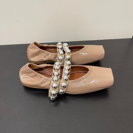 ALAIA BALLET FLATS IN ALMOND BEIGE GLOSSY CALFSKIN WITH SILVER HARDWARE