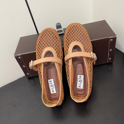 ALAIA BALLET FLATS IN COPPER BROWN MESH FISHNET