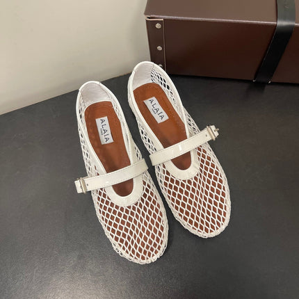 ALAIA BALLET FLATS IN WHITE MESH FISHNET