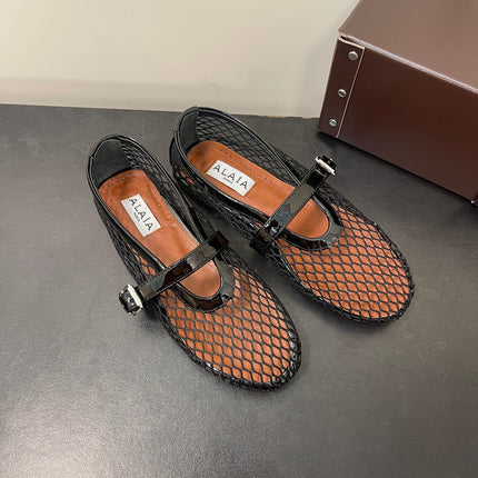 ALAIA BALLET FLATS IN BLACK MESH FISHNET