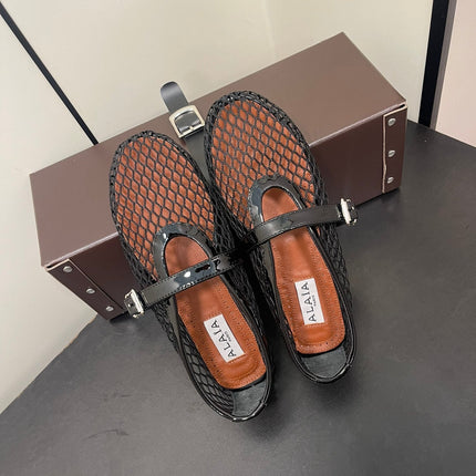 ALAIA BALLET FLATS IN BLACK MESH FISHNET