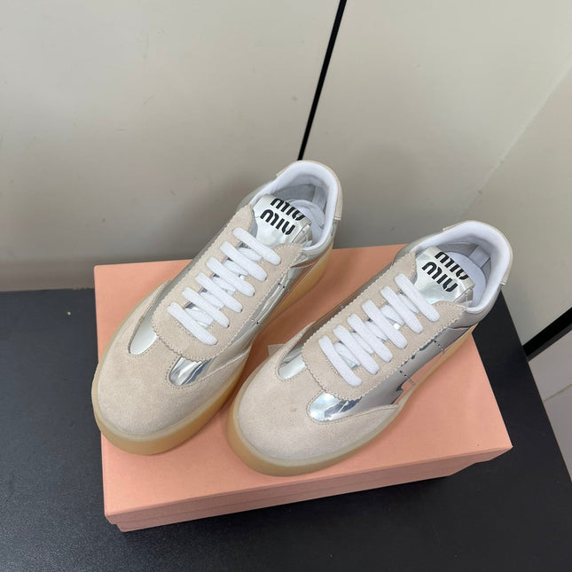 THICK-SOLED RETRO SNEAKERS IN SILVER METALLIC LAMBSKIN AND BEIGE SUEDE