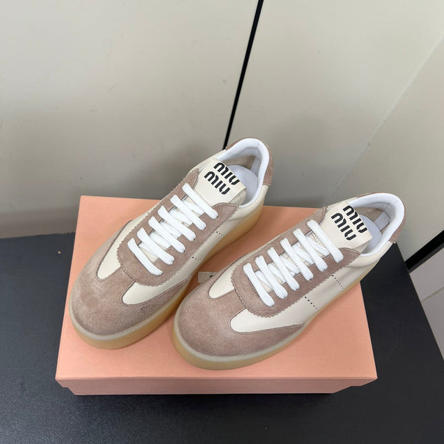 THICK-SOLED RETRO SNEAKERS IN CREAM LAMBSKIN AND PLASTER SUEDE