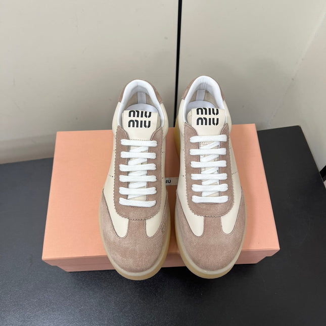 THICK-SOLED RETRO SNEAKERS IN CREAM LAMBSKIN AND PLASTER SUEDE