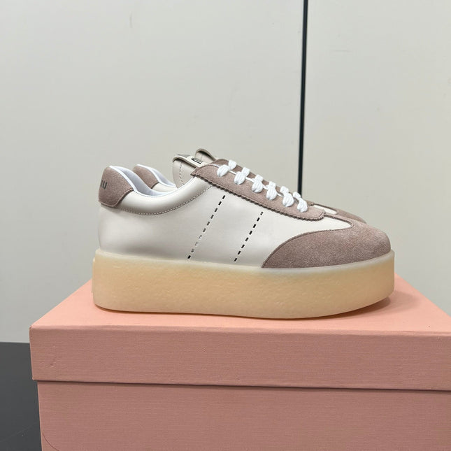 THICK-SOLED RETRO SNEAKERS IN CREAM LAMBSKIN AND PLASTER SUEDE