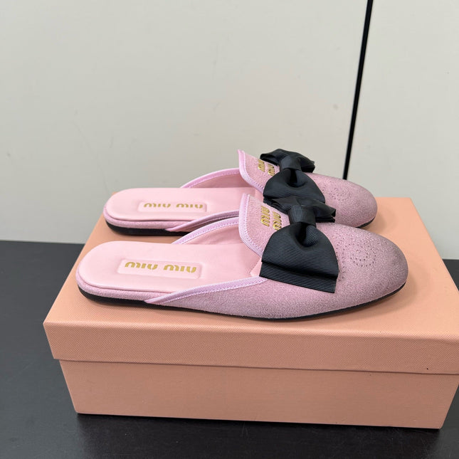 BOW MULES IN DUST PINK SUEDE