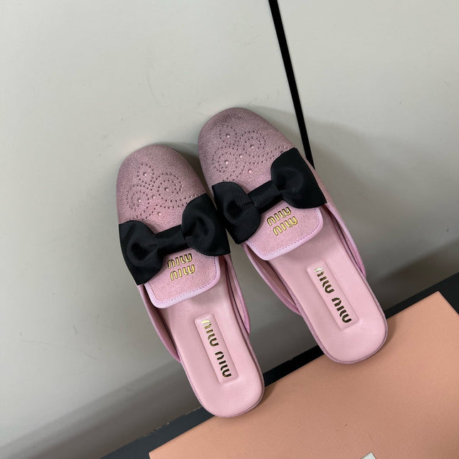 BOW MULES IN DUST PINK SUEDE