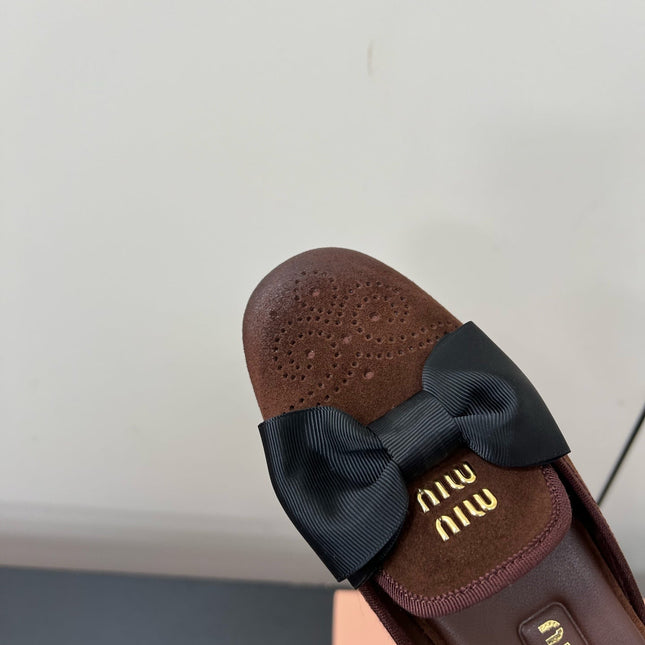 BOW MULES IN CHOCOLATE SUEDE