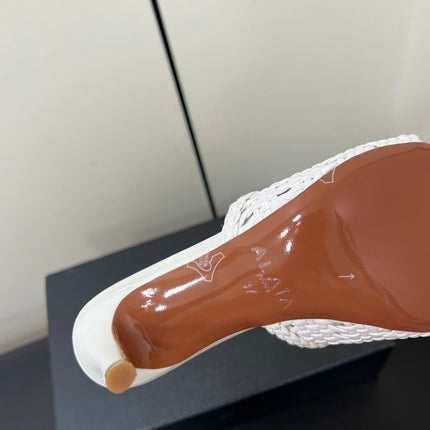 ALAIA HIGH HEEL 25S 70 MM IN WHITE LAMBSKIN WITH WOVEN PATTERN