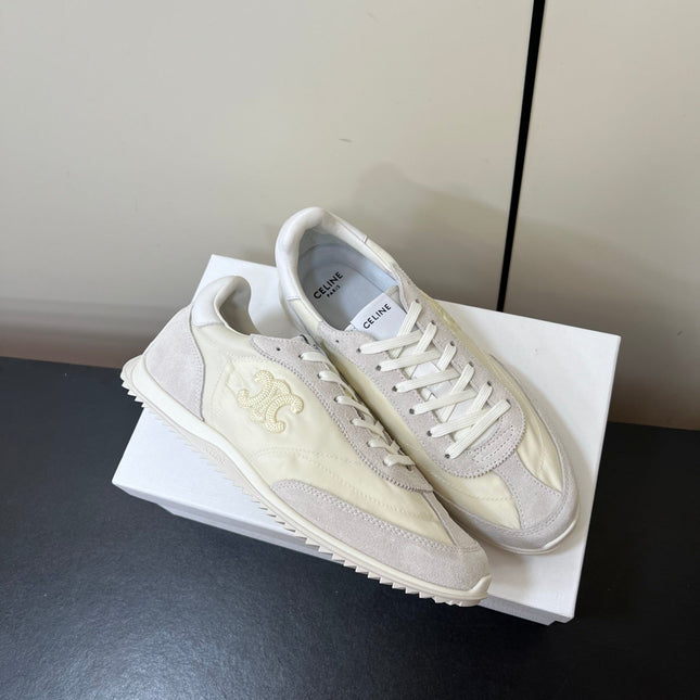 CELINE 25S RACER FORREST GUMP SNEAKERS IN IVORY AND GRAY MERCERIZED CALFSKIN