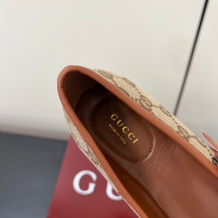 GG MARY JANE 25S IN MINK BROWN CANVAS MIX LAMBSKIN WITH GOLD HARDWARE