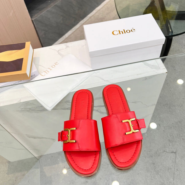 HLOE MARCIE SLIDE IN CHERRY RED CALFSKIN WITH GOLD HARDWARE
