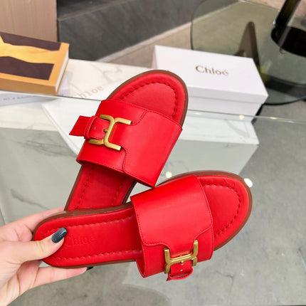 CHLOÉ HLOE MARCIE SLIDE IN CHERRY RED CALFSKIN WITH GOLD HARDWARE