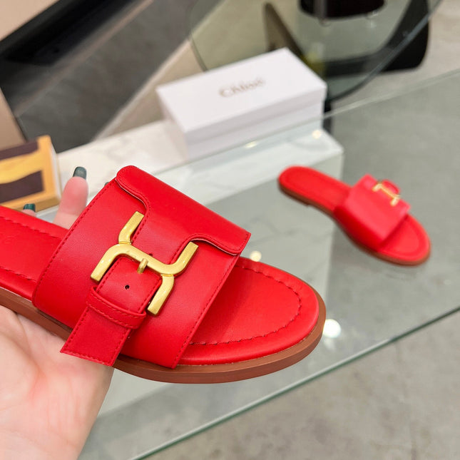 HLOE MARCIE SLIDE IN CHERRY RED CALFSKIN WITH GOLD HARDWARE