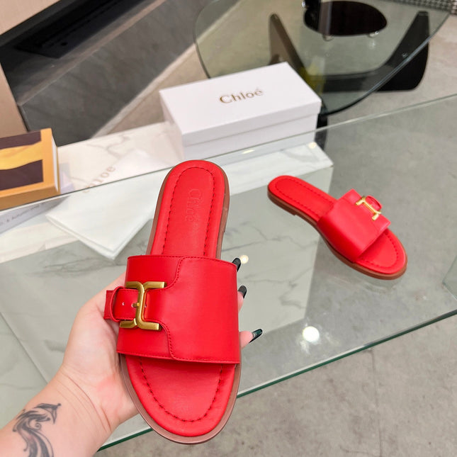 HLOE MARCIE SLIDE IN CHERRY RED CALFSKIN WITH GOLD HARDWARE