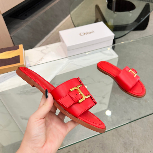 HLOE MARCIE SLIDE IN CHERRY RED CALFSKIN WITH GOLD HARDWARE