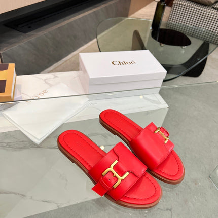 CHLOÉ HLOE MARCIE SLIDE IN CHERRY RED CALFSKIN WITH GOLD HARDWARE