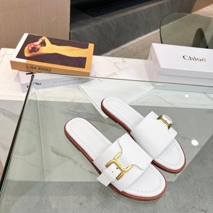 CHLOÉ HLOE MARCIE SLIDE IN WHITE CALFSKIN WITH GOLD HARDWARE
