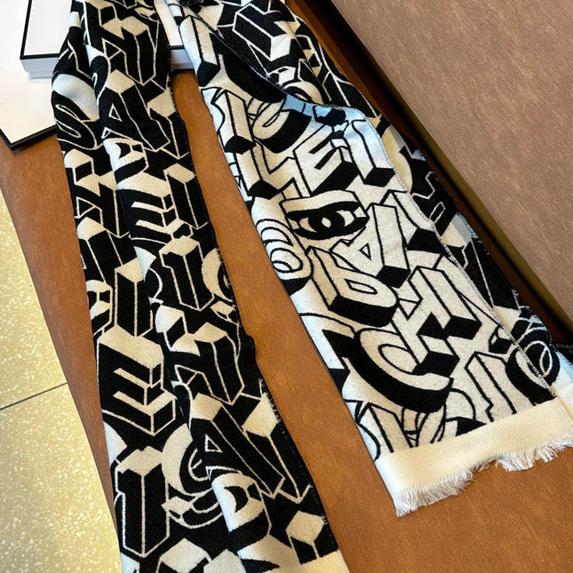 LETTER LOGO 178 CM SCARF IN BLACK MIX WHITE SHEEP WOOL AND SILK  393103