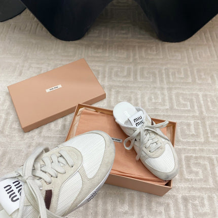 SNEAKER MULES IN WHITE MESH AND BEIGE SUEDE