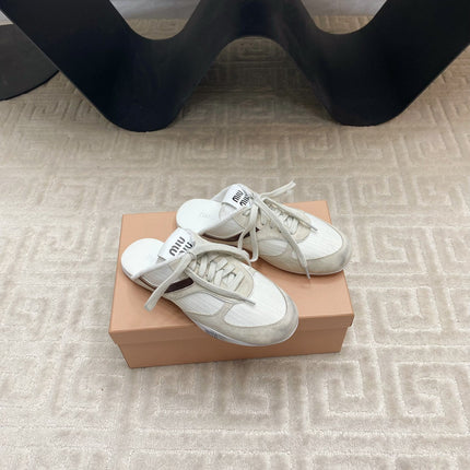 SNEAKER MULES IN WHITE MESH AND BEIGE SUEDE