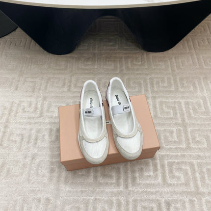 BALLET FLAT SHOES IN WHITE MESH AND BEIGE SUEDE