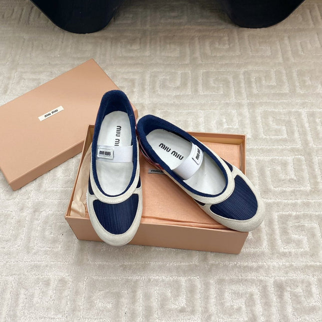BALLET FLAT SHOES IN NAVY MESH AND WHITE SUEDE
