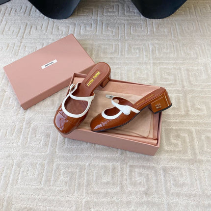 MARY JANE MULE PUMPS IN RED BROWN GLOSSY SHEEPSKIN