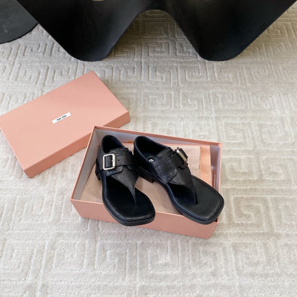 THONG SANDALS IN BLACK LAMBSKIN WITH SILVER BUCKLE