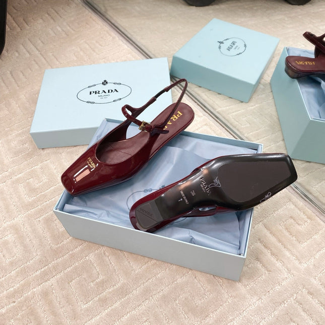 MARY JANE SLINGBACK SQUARE TOE IN BURGUNDY RED PATENT SHEEPSKIN