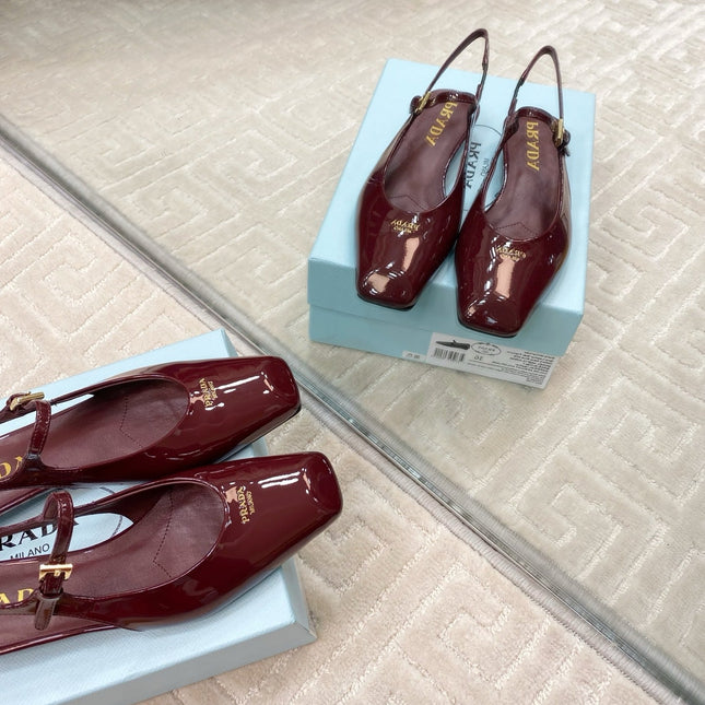 MARY JANE SLINGBACK SQUARE TOE IN BURGUNDY RED PATENT SHEEPSKIN