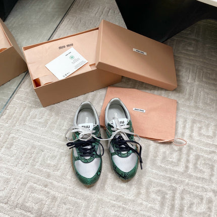 SNAKESKIN-LEATHER SNEAKERS IN GREEN MIX GREY CALFSKIN AND MESH