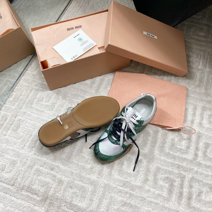 SNAKESKIN-LEATHER SNEAKERS IN GREEN MIX GREY CALFSKIN AND MESH