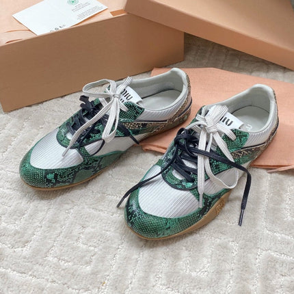 SNAKESKIN-LEATHER SNEAKERS IN GREEN MIX GREY CALFSKIN AND MESH