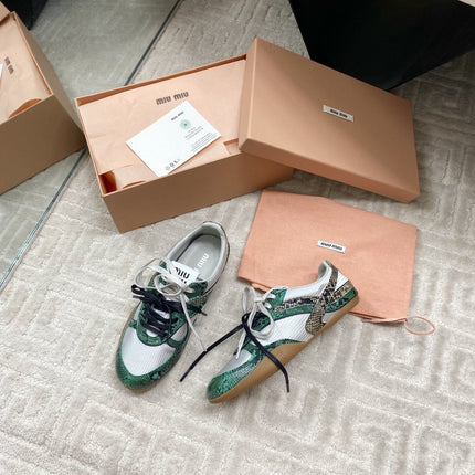 SNAKESKIN-LEATHER SNEAKERS IN GREEN MIX GREY CALFSKIN AND MESH