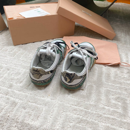 SNAKESKIN-LEATHER SNEAKERS IN GREEN MIX GREY CALFSKIN AND MESH