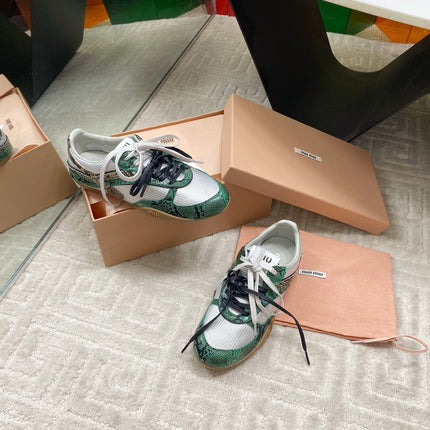 SNAKESKIN-LEATHER SNEAKERS IN GREEN MIX GREY CALFSKIN AND MESH