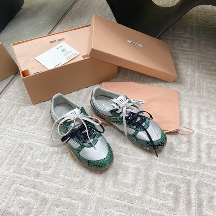 SNAKESKIN-LEATHER SNEAKERS IN GREEN MIX GREY CALFSKIN AND MESH