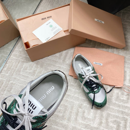 SNAKESKIN-LEATHER SNEAKERS IN GREEN MIX GREY CALFSKIN AND MESH