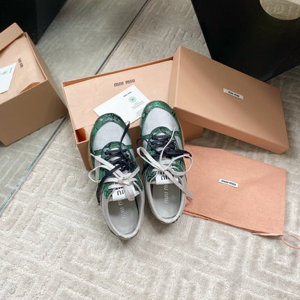 SNAKESKIN-LEATHER SNEAKERS IN GREEN MIX GREY CALFSKIN AND MESH